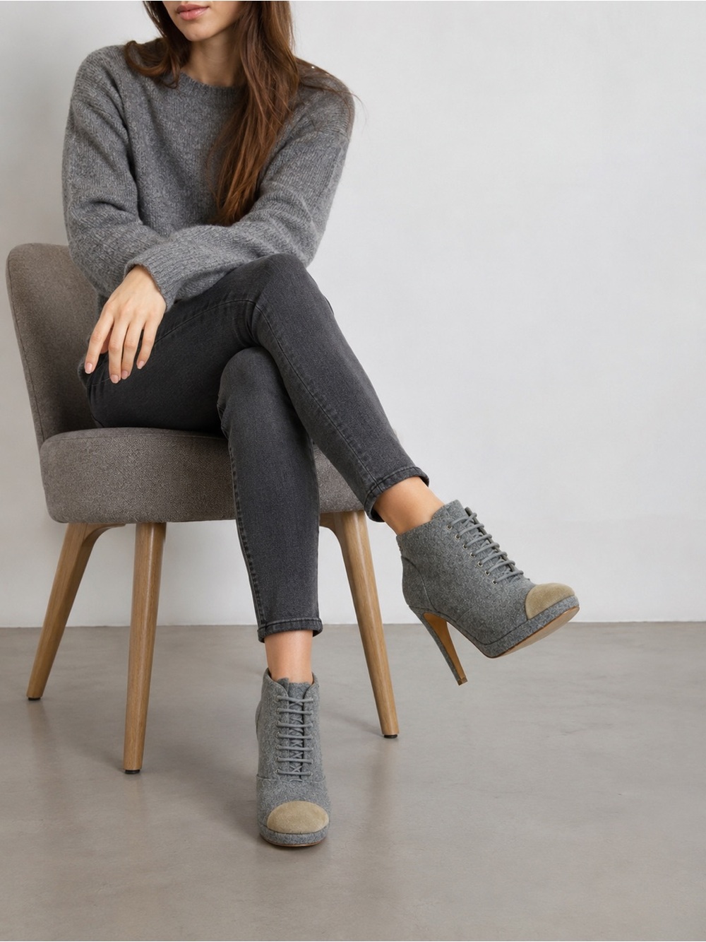 CHANEL Gray wool Lace-Up High Heel Ankle Boots with Beige Toe Cap 39